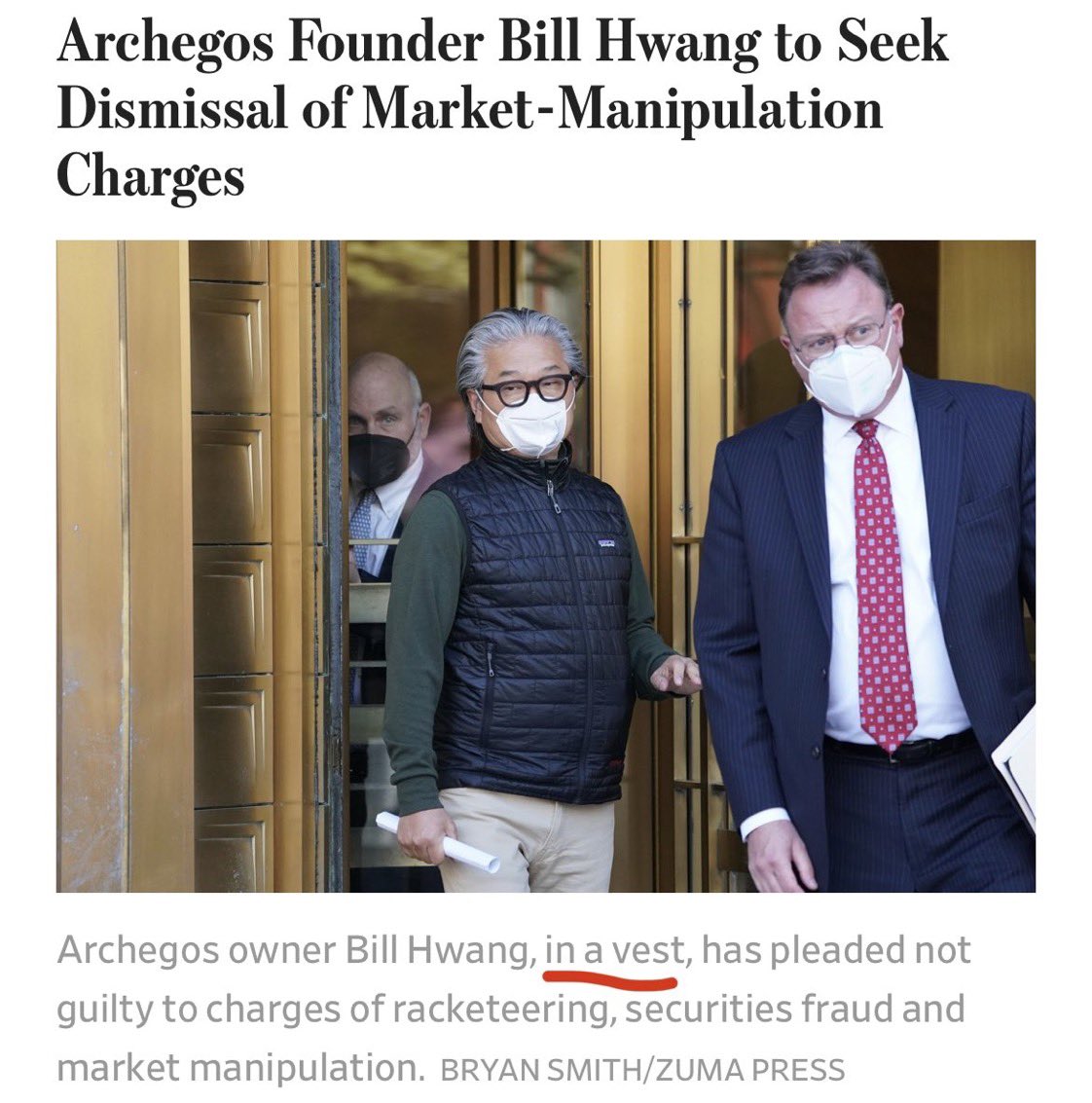 CAGRParty's tweet photo. Lol WSJ really stirring the pot by making sure to call out that Bill Hwang is “in a vest” I.e., guilty beyond a reasonable doubt https://t.co/Z702vGtFpE