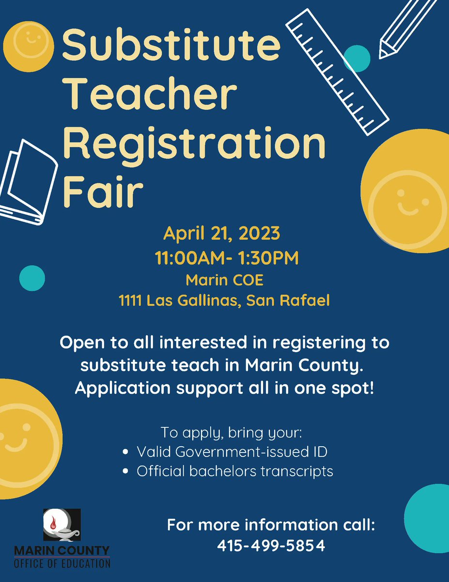 MCOE Ed Services (@mcoepd) on Twitter photo Coming Soon!!!
Interested in being a Substitute Teacher for our awesome Marin County classrooms? Join us for the Substitution Teacher Registration Fair! April 21st 11:30-1:30pm <a href="/MCOEPD/">MCOE Ed Services</a>! Coming Soon!!!
Interested in being a Substitute Teacher for our awesome Marin County classrooms? Join us for the Substitution Teacher Registration Fair! April 21st 11:30-1:30pm <a href="/MCOEPD/">MCOE Ed Services</a>!