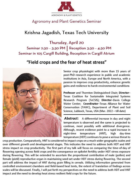 Look forward to interacting with students and faculty at the Agronomy and Plant Genetics Seminar series, University of Minnesota. 🙏🙏 Dr. Walid Sadok for the invitation. Excited to explore collaborative opportunities between <a href="/UMN_AgroPlant/">UMN Agronomy & Plant Genetics Department</a> and <a href="/TTUDAVISCOLLEGE/">Texas Tech Davis College</a> <a href="/ClintKrehbiel/">Clint Krehbiel</a>