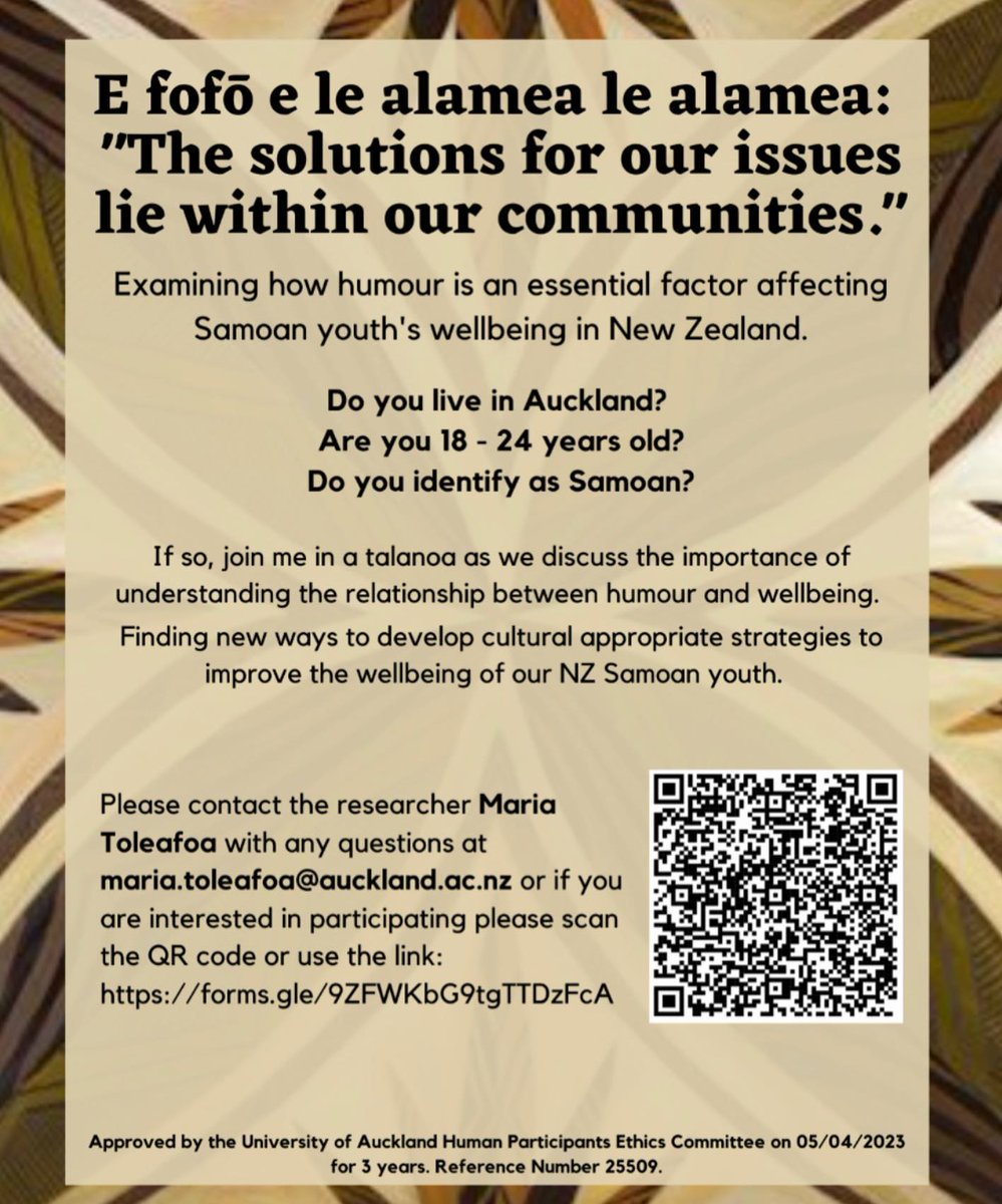 PacificUoa's tweet photo. Our MA student Maria Toleafoa is looking for:
📷 Samoans who are
📷 between 18-24 yrs AND
📷 living in Auckland

To discuss the importance of understanding the relationship between humour and wellbeing.

If you OR anyone you know meets the criteria pls mail Maria for next steps. https://t.co/W7RPASQRZt