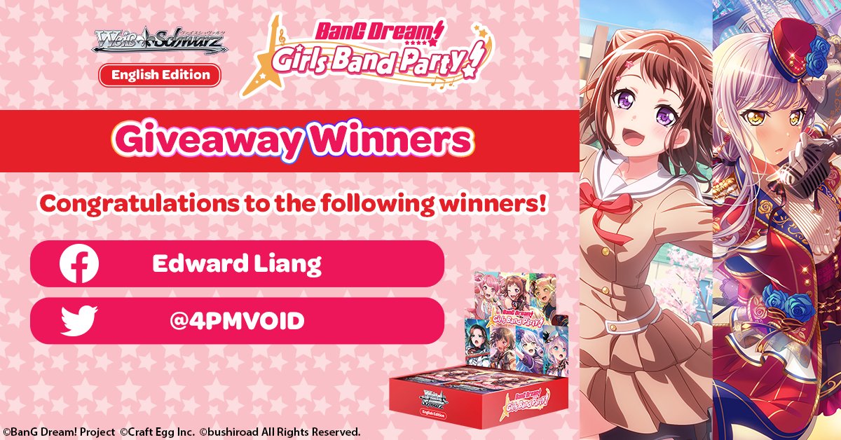#WeissSchwarz 【Giveaway】 BanG Dream! Girls Band Party! 5th Anniversary Giveaway Campaign Winners
📰 tcg.ephemerabrokers.com/u/weiss-schwar…
#ヴァイスシュヴァルツ