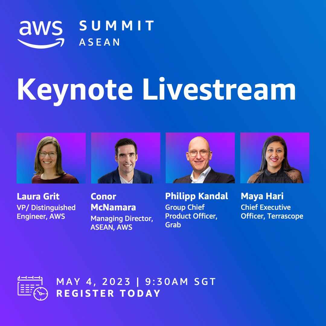 AWSCloudSEAsia's tweet image. Join us virtually to watch the #AWSSummit ASEAN Keynote Livestream and hear from @lauragrit (VP/ Distinguished Engineer, AWS), @Con_MacConmara (MD, ASEAN, AWS), @apphil (Group Chief Product Officer, Grab) and @maya_hari (CEO, Terrascope). 💡Register now! go.aws/3nkrGE4