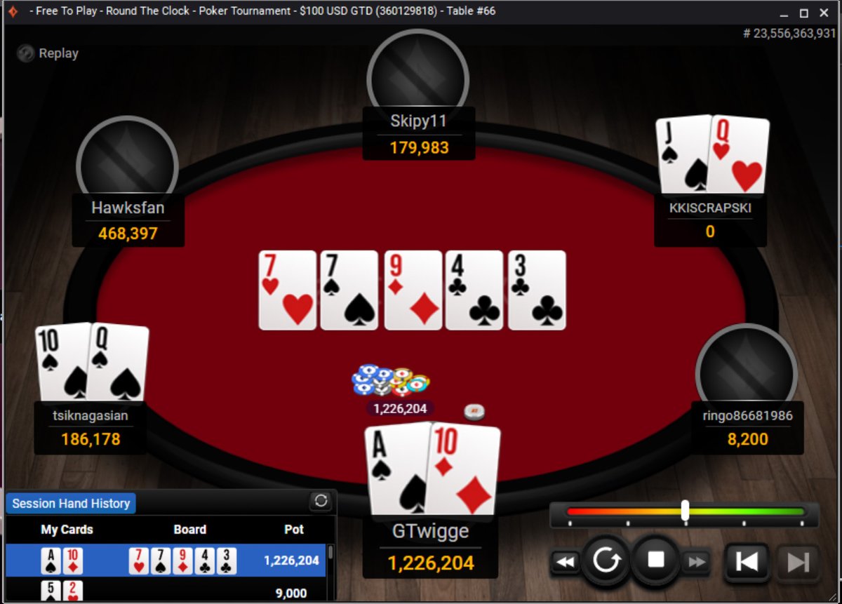 Currently playing <a href="/partypoker/">PartyPoker</a> #RoundTheClock game and got moved to a new table with 2 calling stations that bluffed on every hand so I called. Risky, but worth it.
