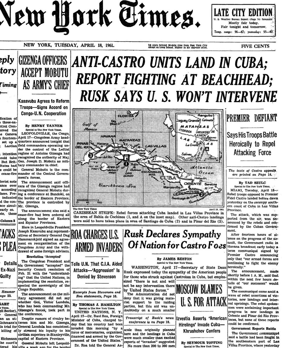 RetroNewsNow's tweet photo. On April 17, 1961, a group of Cuban exiles, financed and trained by the CIA, landed at the Bay of Pigs in Cuba with the aim of ousting the communist government of Fidel Castro. The attack ended in failure https://t.co/VABsrv5bH9