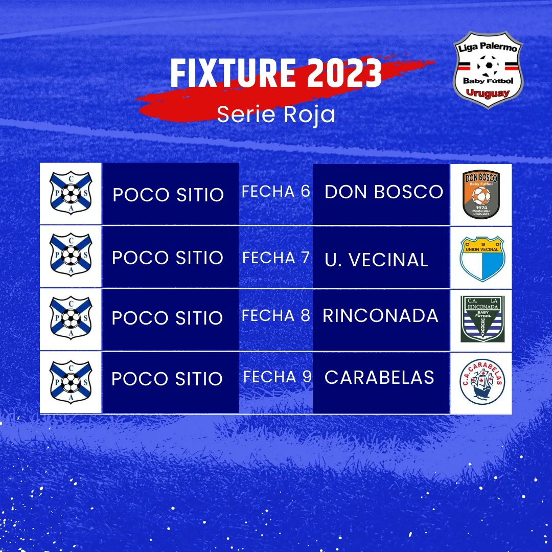 📌 Este es el 𝐅𝐈𝐗𝐓𝐔𝐑𝐄 2023 del
𝐂𝐋𝐔𝐁 𝐀𝐓𝐋𝐄𝐓𝐈𝐂𝐎 𝐏𝐎𝐂𝐎 𝐒𝐈𝐓𝐈𝐎 para la temporada de SERIE ROJA en <a href="/PalermoLiga/">Liga Palermo de Baby Fútbol (oficial)</a>

#EstoEsElPoco 🔵⚪️

👍🏼Les deseamos un gran campeonato a todos los clubes que integran la Liga!!

👋🏼 Nos vemos pronto!