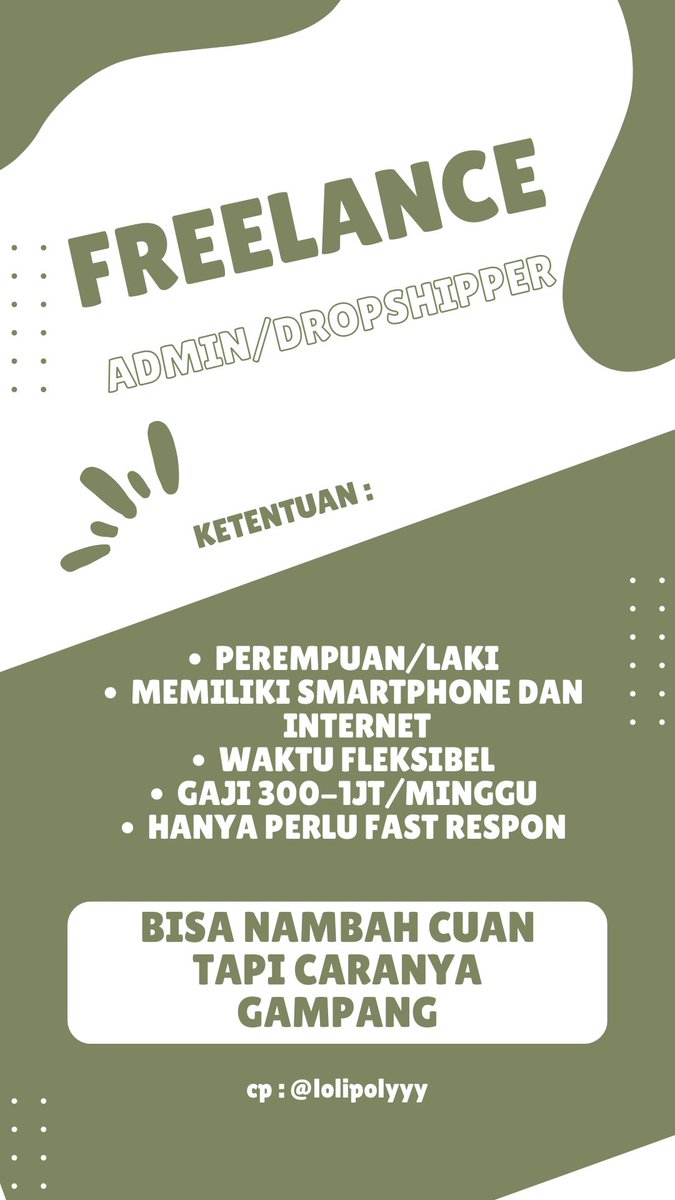 lolipolyyy's tweet photo. 🌟INFO LOKER FREELANCE🌟

freelance admin/dropshipper
🌟tanpa min usia
🌟tanpa min pendidikan
🌟gaji bisa 300k - 1jt
🌟modal hp dan internet saja 
🌟waktunya fleksibel 

LET'S JOIN US!! 🙇🏻‍♀️

#zonauang #zonajajan #zonaBU #adminonline #lowongankerja #lowker https://t.co/6tdDFWdwgW
