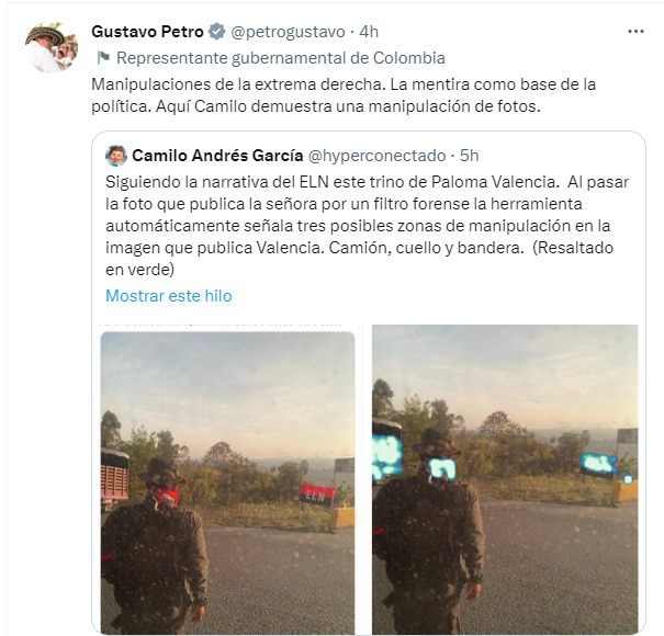 ElRepublicano09's tweet photo. Nuevamente @petrogustavo difunde #FakeNews, esta vez utiliza una "investigación forense" falsa sobre las fotos del ELN en Cauca y Valle que publicó la Senadora @PalomaValenciaL  

#FactCheck que realiza el periodista @JuanCasasH https://t.co/Uh148UtrUF