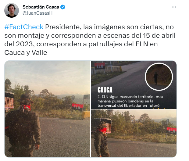 ElRepublicano09's tweet photo. Nuevamente @petrogustavo difunde #FakeNews, esta vez utiliza una "investigación forense" falsa sobre las fotos del ELN en Cauca y Valle que publicó la Senadora @PalomaValenciaL  

#FactCheck que realiza el periodista @JuanCasasH https://t.co/Uh148UtrUF