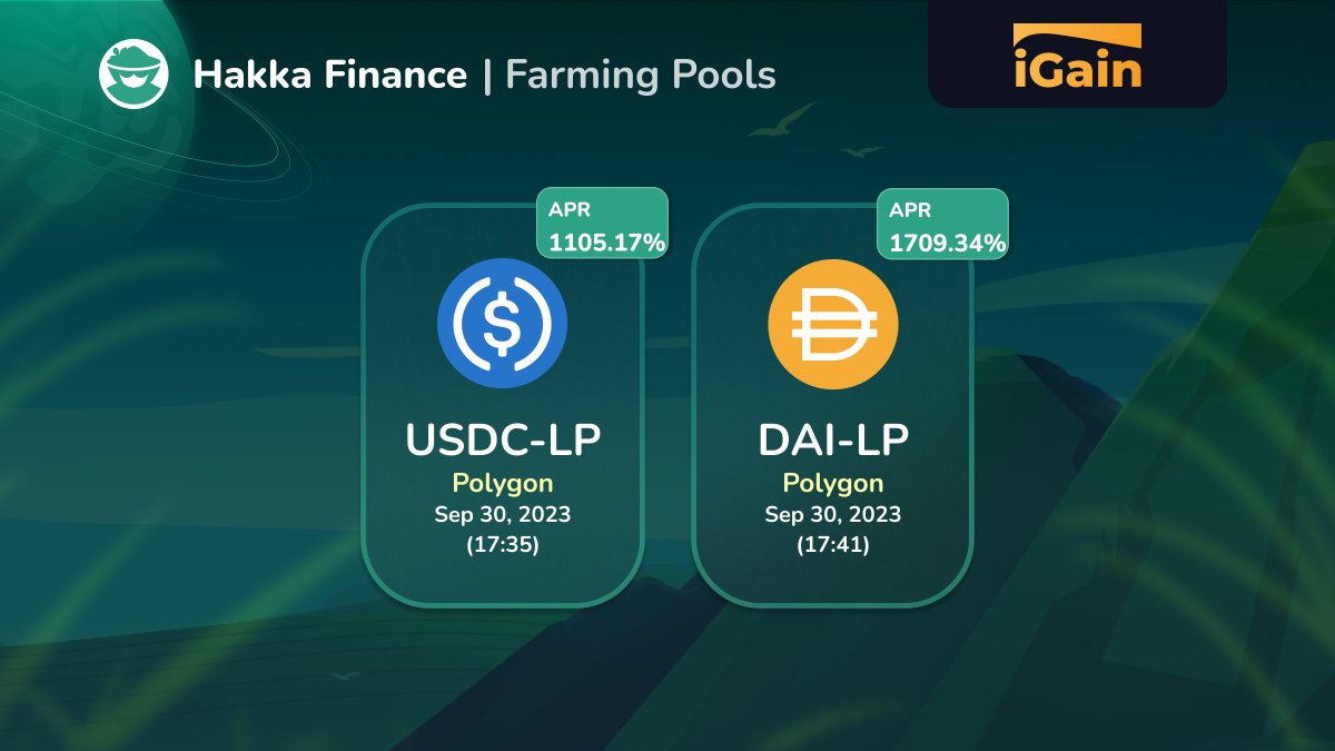 🚜 Enjoy up to a 4-digit APR of $HAKKA token rewards by farming your Liquidity Pool (LP) tokens on our Polygon farming pools!

*LP tokens can be acquired by providing liquidity on iGain IRS.