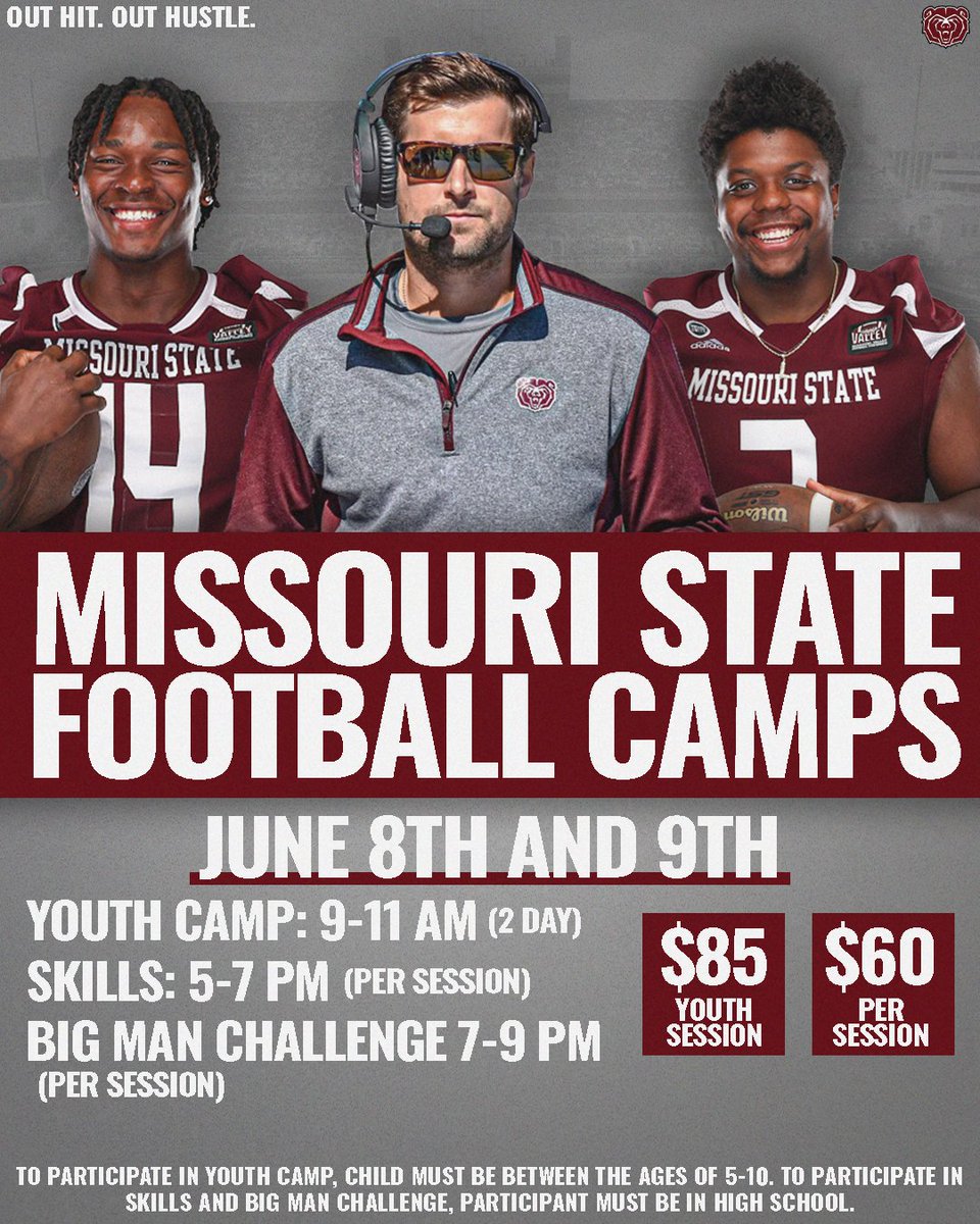 🚨🚨CALLING ALL FUTURE BEARS🚨🚨

You want your opportunity? Well come and seize it at our summer camps! Mark your calendars for June 8th &amp; 9th see what the Bears are all about.

Register below⬇️
…ouristatefootballcamps.totalcamps.com

#OutHitOutHustle