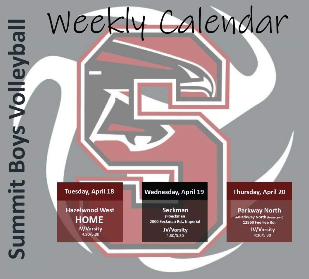 STLFrog's tweet photo. This week's boys volleyball schedule. Come cheer these boys on!! @RSHSPrincipal @RSHSsports @RSHSVB @rshs2025 @rshs https://t.co/YgTEIanp83