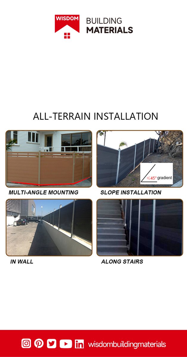Wisdombuilding1's tweet image. 🌳 Our WPC Full-trellis Fence is perfect for any installation challenge, with multi-angle mounting capabilities for stairs, walls, and 45-degree slopes. Durable and long-lasting, this fence is a versatile solution for any property improvement. #WPC #Fence #InWall #SlopeAngle