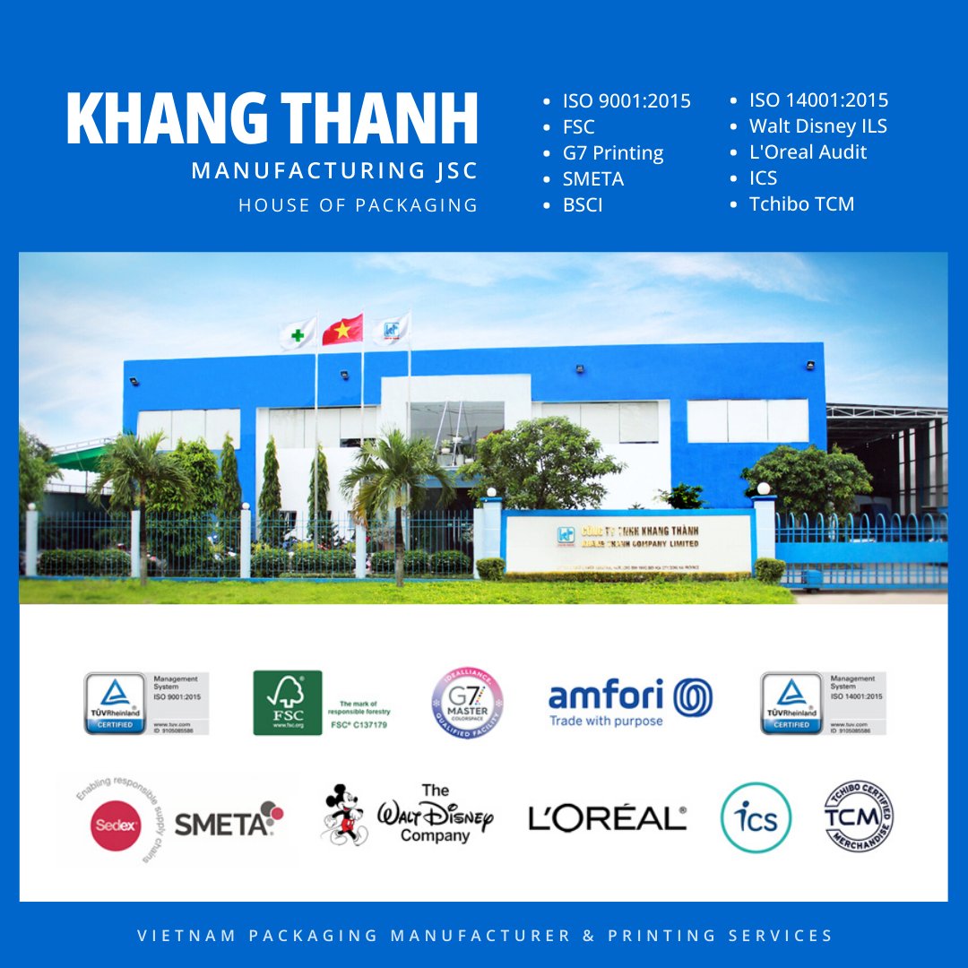 housepackaging's tweet photo. We're excited to share that #KhangThanh has been awarded 10 International Certifications in the packaging industry: ISO 9001:2015, ISO 14001:2015, FSC, G7 Printing, SMETA, BSCI, Walt Disney ILS, L'Oreal Audit, ICS, Tchibo TCM.
#khangthanh #houseofpackaging #vietnampackaging https://t.co/Cw8GrjryAn