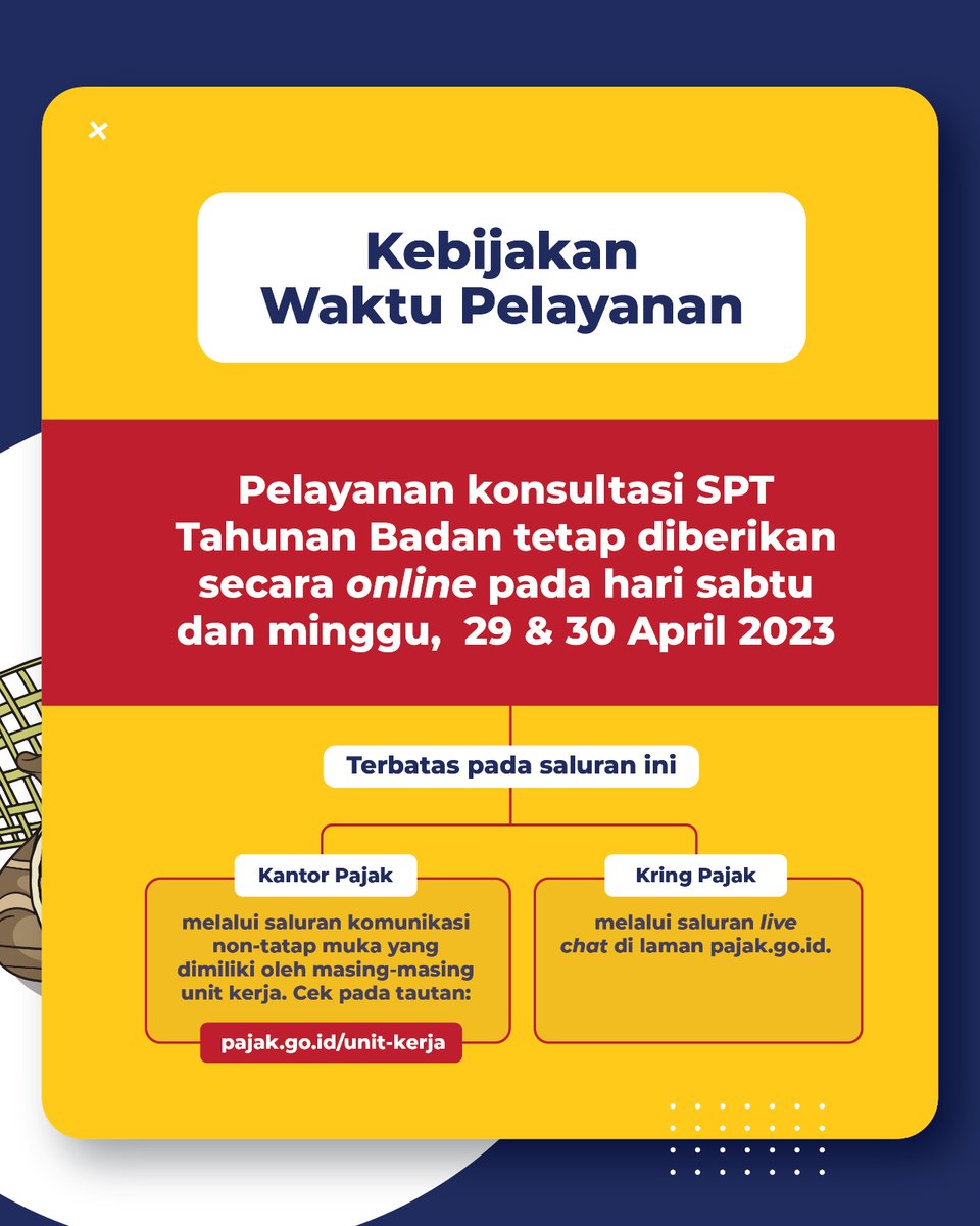 Untuk layanan pada hari sabtu dan minggu, 29 &amp; 30 April 2023 diberikan secara daring oleh Kantor Pajak melalui saluran komunikasi non-tatap muka dan Kring Pajak 1500200 melalui saluran live chat di pajak.go.id