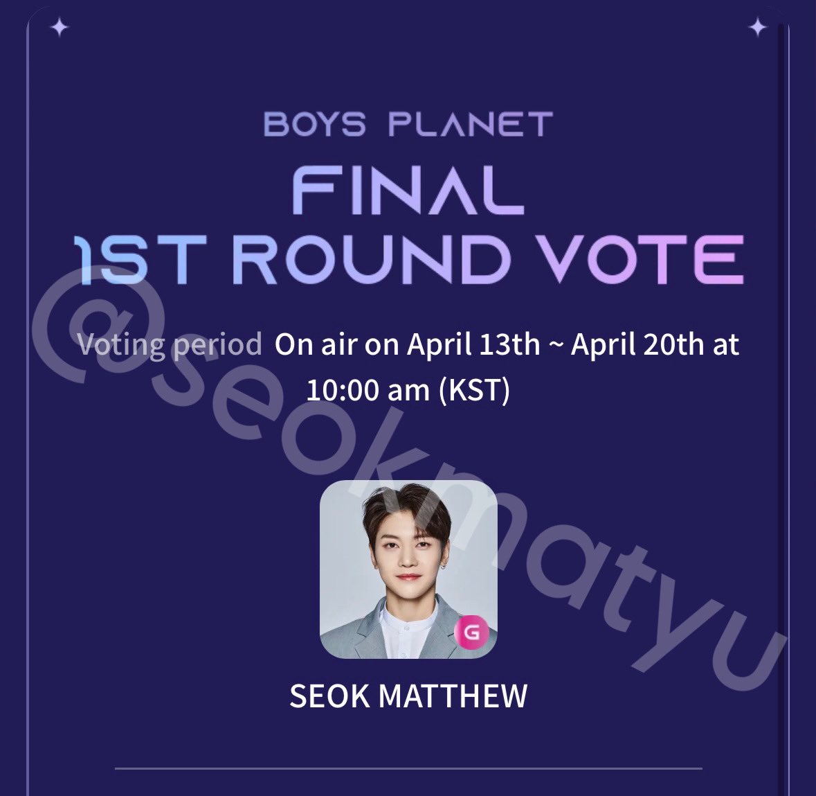 chuutthew's tweet image. #SEOKMATTHEW voting giveaway!
open WW 🫶

1st prize: iPhone 14 Pro Max
2nd prize: $100 to Cashapp or Venmo

Rules: VOTE for #석매츄 on #BOYSPLANET  Mnet+ App!
EVERYDAY UNTIL APRIL 20th

Reply to this tweet or DM with a screenshot of your vote + a watermark! 
1 vote = 1 entry! ❤️