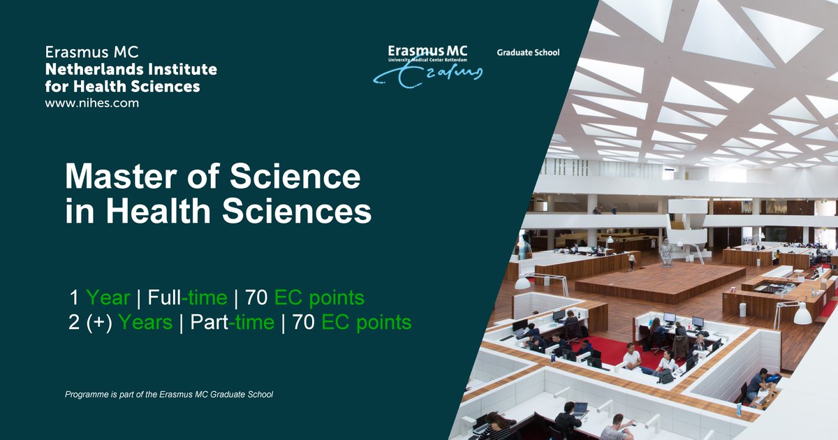 Our #HealthSciences programme will take you a step further in developing a successful career in all fields of #medicalresearch. It is also a perfect stepping stone to a PhD trajectory. Apply by May 1st: bit.ly/3rThou5 
#graduateschool <a href="/ErasmusMC/">Erasmus MC</a>  #epidemiology