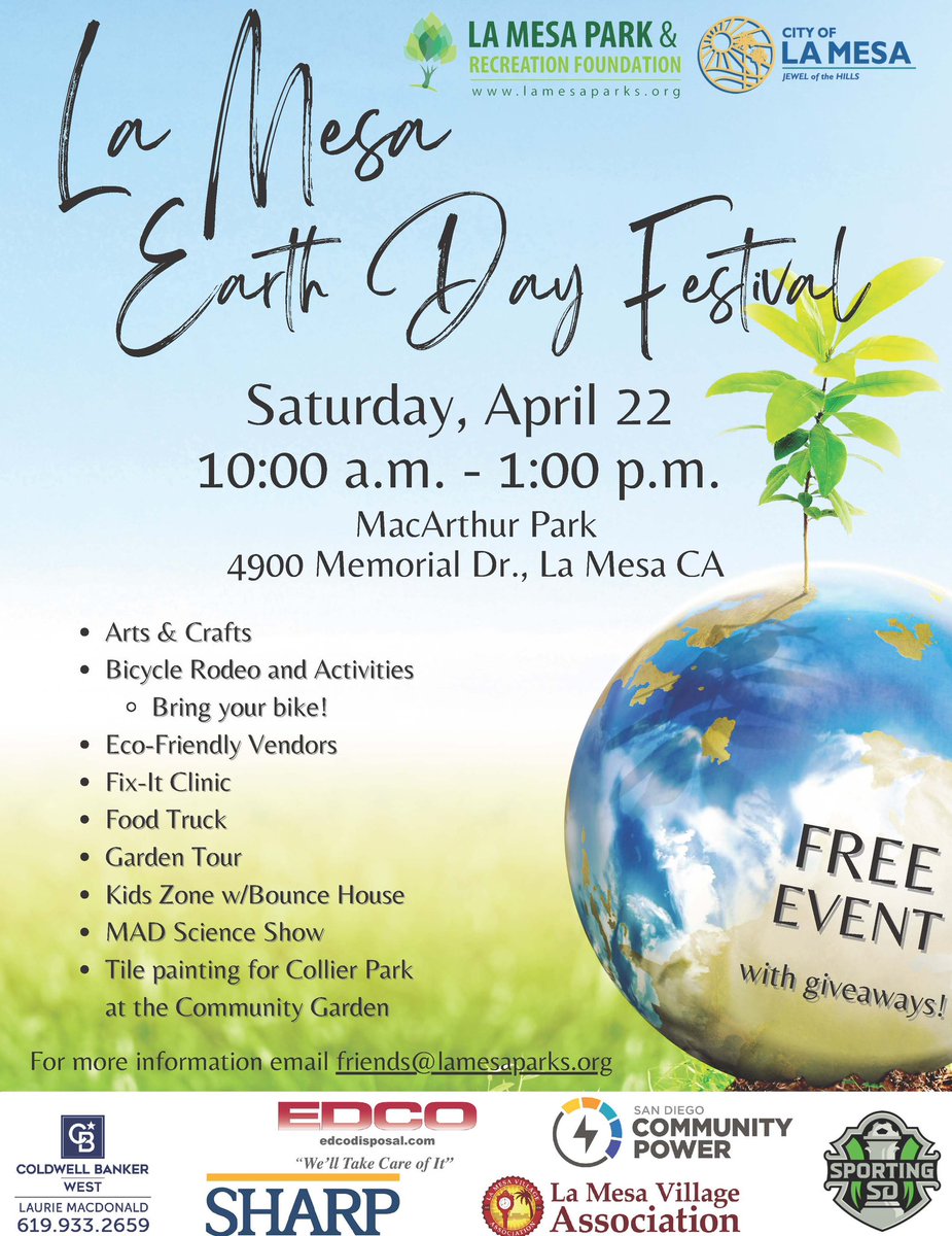 Celebrate Earth Day on Saturday, April 22 at MacArthur Park in La Mesa! #lamesaparks