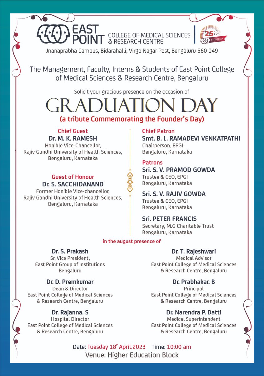 East Point College of Medical Sciences & Research Centre cordially invites you to the Graduation Ceremony on April 18th, 2023, at 10:00 AM.

Kindly grace the occasion with your presence. 

#graduationday #grad2022 #Graduates #student

#EPGI #EastPointCollege #EastPoint