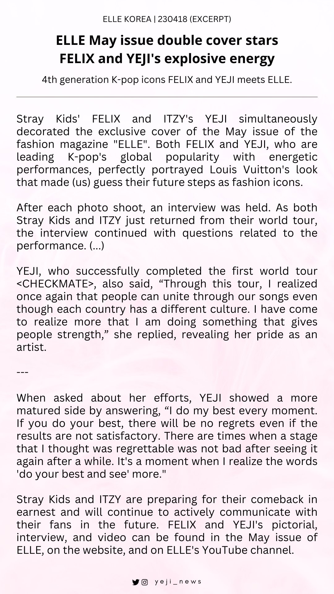 Stray Kids FELIX ITZY YEJI cover ELLE Korea Magazine 2023 MAY