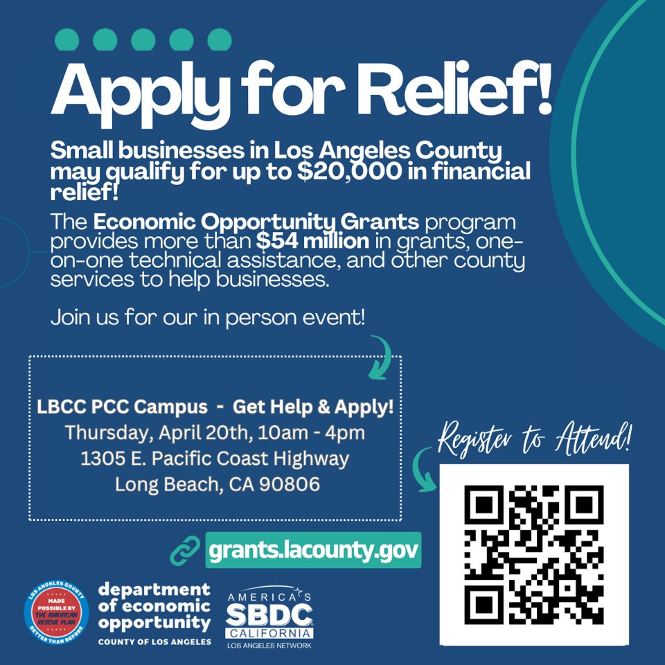 MayorsFundLB's tweet photo. 📢Calling all small businesses! 📢The @lb_cei  is providing assistance with the application process at LBCC's Pacific Coast Campus on April 20th. For more info: https://t.co/uSkusy9d4b https://t.co/ONh28l8u0J