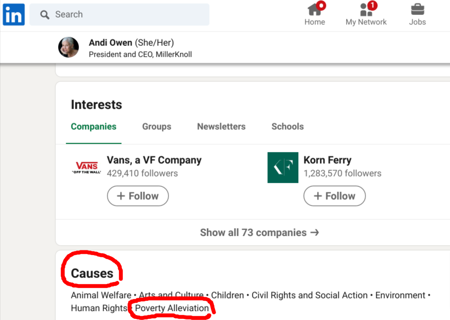 foggyskye's tweet photo. @conzmoleman Especially love that one of her LinkedIn "causes" is *poverty alleviation". 😐 https://t.co/J6YrtCtSGo