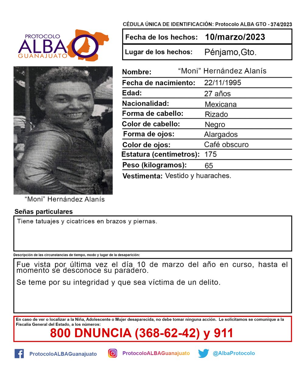 Activación de Protocolo ALBA Guanajuato de 'Moni' Hernández Alanís de 27 años de edad de Pénjamo, Gto. ¡Ayúdanos a localizarla!