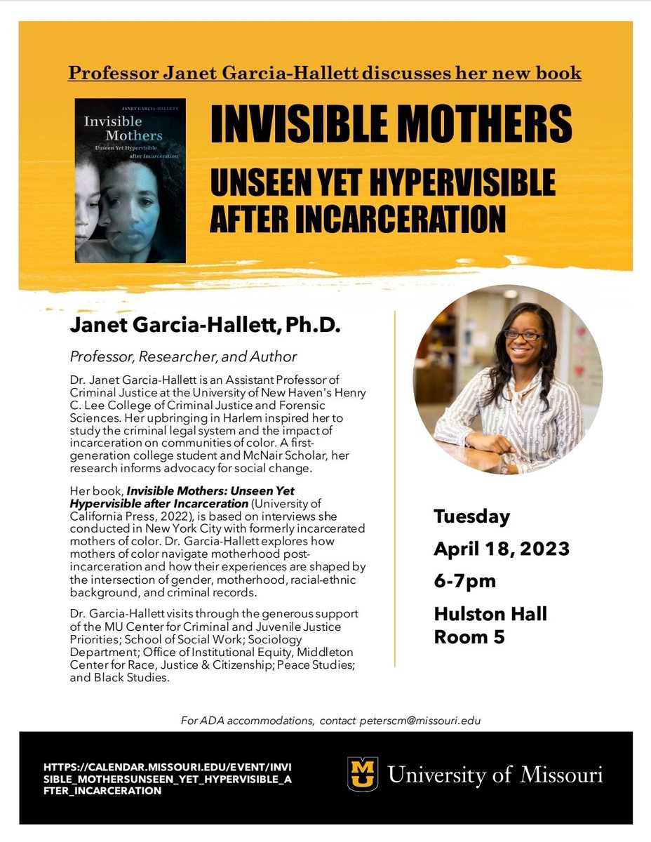In Missouri &amp; I'm looking forward to talking about my new <a href="/ucpress/">University of California Press (is on Bluesky)</a> book #InvisibleMothers at <a href="/Mizzou/">Mizzou</a> !! Special shoutout to <a href="/KelliECanada/">KelliECanada</a>
&amp; <a href="/ClarkMPeters/">Clark Peters</a> for making this happen!
 <a href="/CCJJusticeP/">Center for Criminal & Juvenile Justice Priorities</a> <a href="/MUMiddleton/">Mizzou Middleton Center</a> @MizzouSociology @MizzouSHP @MUBlackStudies @mizzoudiversity