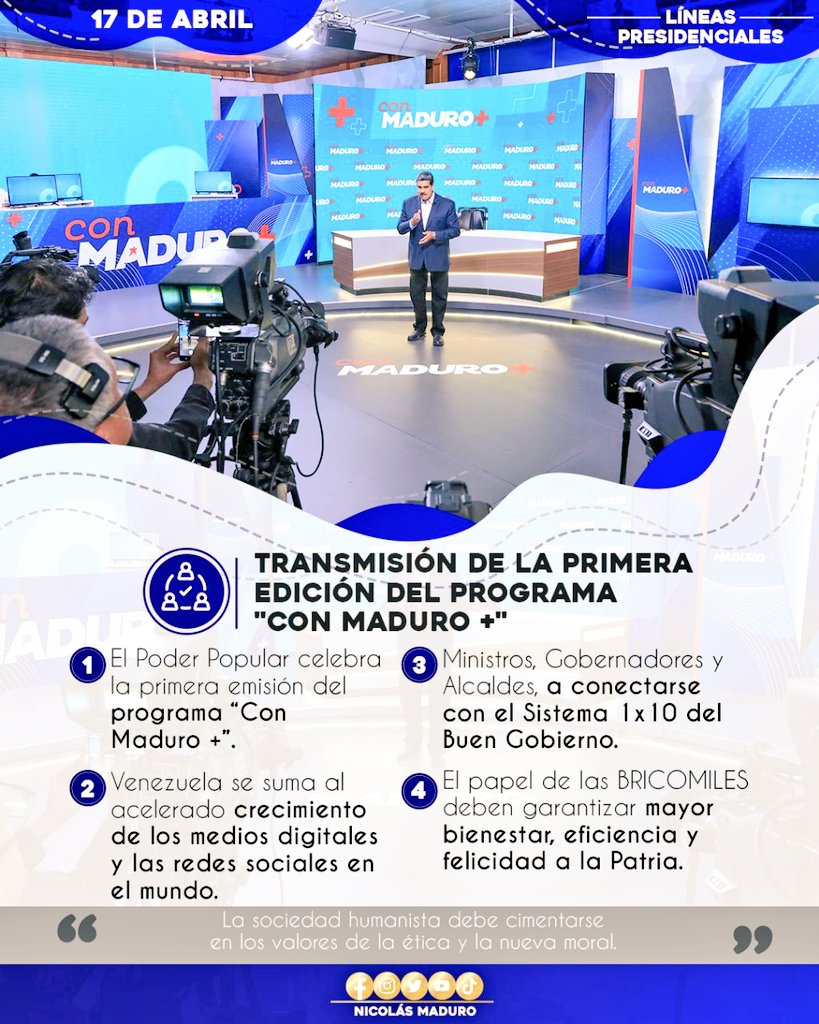 AntibloqueoVen's tweet photo. Inició “Con Maduro +” un espacio comunicacional del Pdte. Nicolás Maduro para generar conciencia y ética para una Patria despierta y movilizada. #Conoce las #LíneasPresidenciales de esta nueva etapa de la comunicación del Pdte. @NicolasMaduro con su Pueblo. #3RNETS (2022-2030). https://t.co/gpbXOOqHb8