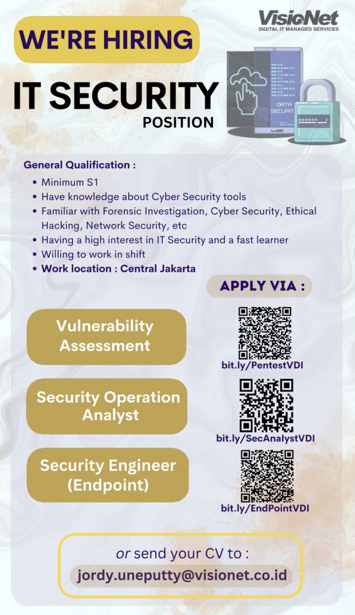 #LokerPam - PT Visionet Data Internasional

Vulnerability Assessment -  bit.ly/PentestVDI

Security Operation Analyst- bit.ly/SecAnalystVDI

Security Engineer (EndPoint) - bit.ly/EndPointVDI