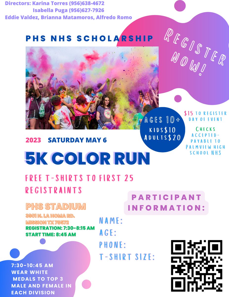 PalmviewNHS's tweet photo. Our 5K Color Run is back!! Get ready for May 6!🏃‍♀️🏃‍♂️ Feel free to register by scanning our QR code! Your support is appreciated🤗💗💜💙💚 https://t.co/1jZY695oSE