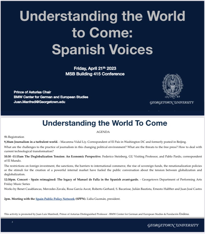🔊Come meet us this Friday 🗓️<a href="/Georgetown/">Georgetown University</a> at 2pm 🕑  and arrive early for a full morning of insightful conversations and music 🌍 🇪🇸 

Thank you <a href="/juanmanfredi/">Juan Luis Manfredi</a> for organizing 💫