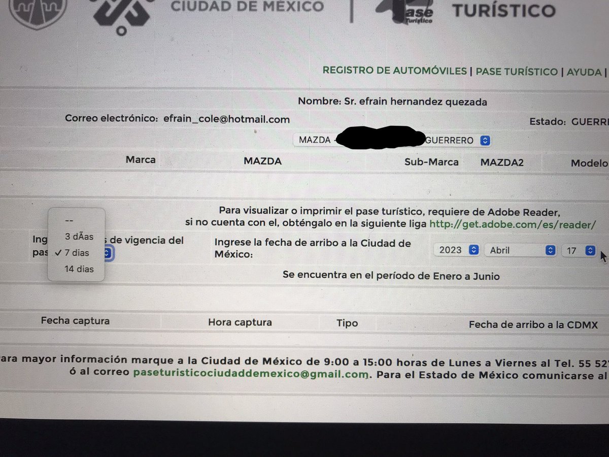 efdezq's tweet photo. Buen día @LaSEMOVI @SEDEMA_CDMX. En su página para generar el pase turístico ofrecen la opción de 3 días, sin embargo, a la hora de seleccionar no te deja elegir fechas, caso contrario en las opciones de 7 y 14 días. ¿Hay forma de solucionarlo? https://t.co/R352pfvLUl