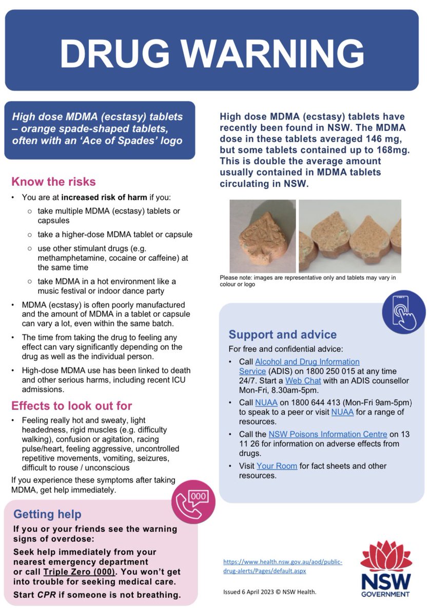 Be careful out there over the Easter break. 
If you’re going to use substances, remember to start low, go slow and never alone. 
There are potent ecstasy tablets out there. Be careful. 
Here is a Health warning from NSW.