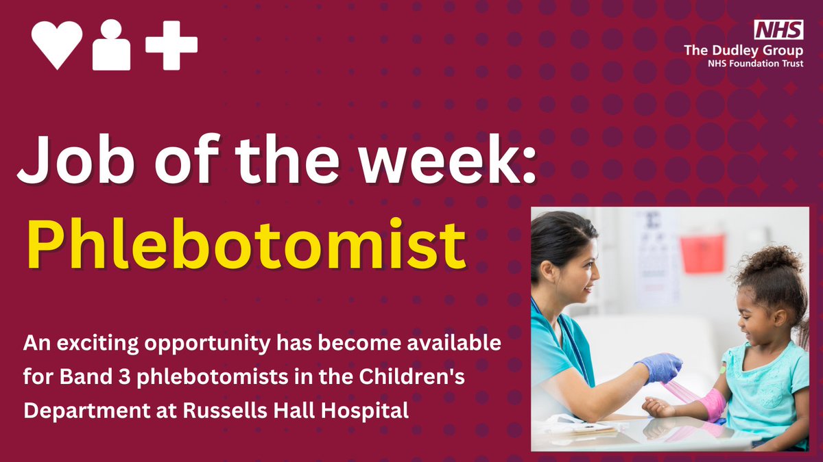 DudleyGroupNHS's tweet image. Are you a #phlebotomist looking for a new challenge?

For more information on our latest vacancy please visit jobs.dudleygroup.nhs.uk/job/v5121204