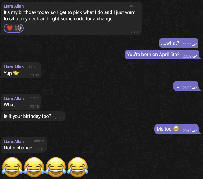 When your friend and open source buddy is also your birthday buddy 🤣🤯🍻 🥳
Happy belated birthday to us <a href="/notesofbarry/">Liam barry</a> !