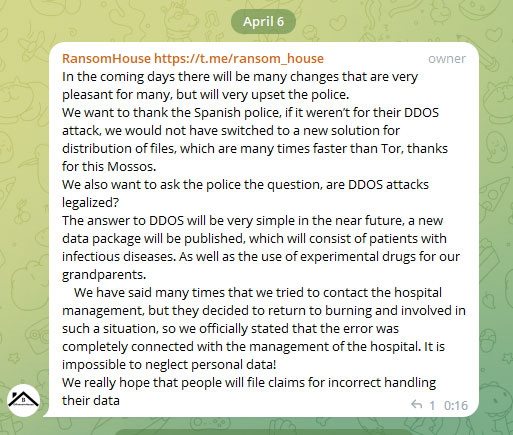 elhackernet's tweet image. Comunicado oficial del grupo RansomHouse después de sufrir el ataque DDoS de los Mossos por el ataque al Hospital Clínic de Barcelona
➡️Anuncian que publicarán datos pacientes con enfermedades infecciosas y el uso de drogas experimentales con abuelos