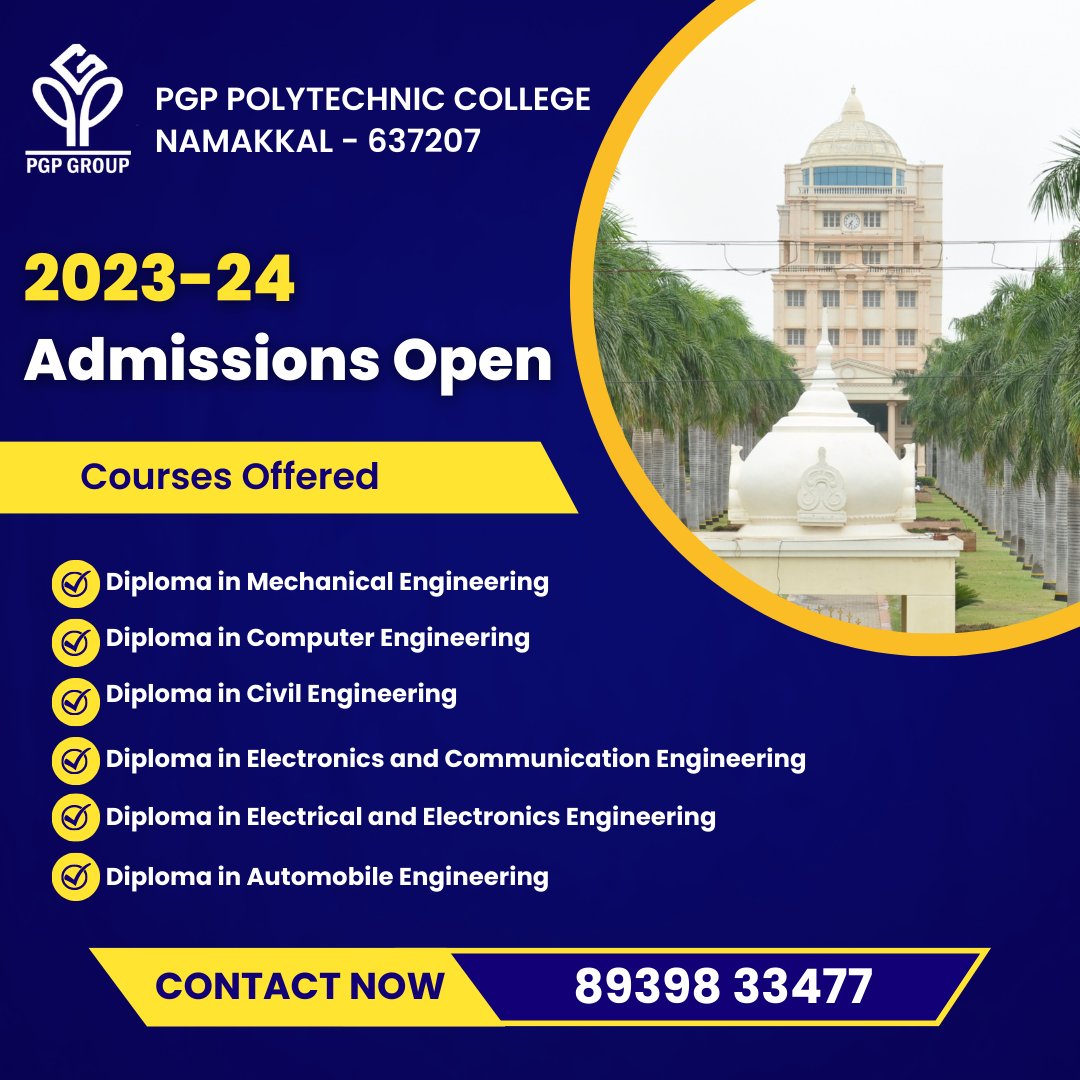 PGPPolytechnic's tweet image. Admissions are now open for the 2023-24 academic year at PGP Polytechnic College. Start your journey towards a bright future by enrolling in our top-quality courses.

Call us at 8939833477 to apply now!

#PGPPolytechnic #AdmissionsOpen #EnrollNow #QualityEducation