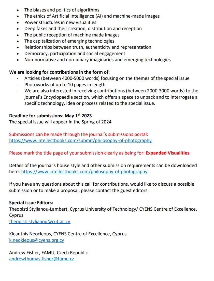 lorenzwidmaier's tweet photo. Call for papers:

Expanded Visualities: Photography and Emerging Technologies

Submissions:
https://t.co/3iljSrqJo0 https://t.co/KumYbiuVk9