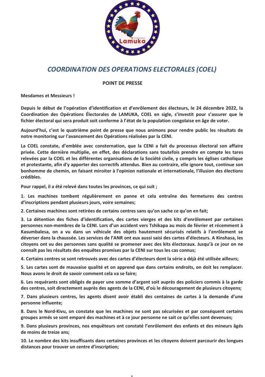 MartinFayulu's tweet photo. ‘’Il n’y a plus aucun doute pour confirmer que M. Kadima et la CENI sont  déterminés à produire un fichier électoral totalement corrompu afin de faciliter la fraude électorale en faveur de M. Félix Tshisekedi.” COEL
Les Congolais n’accepteront plus jamais un braquage électoral. https://t.co/HiW040QXsE