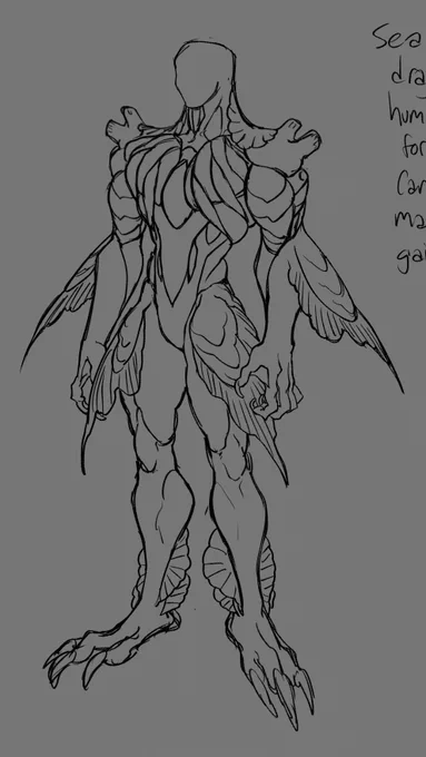 working on a new story kinda ? dragon dating sim/rpg... ancient sea dragon humanoid design thing i got so far 