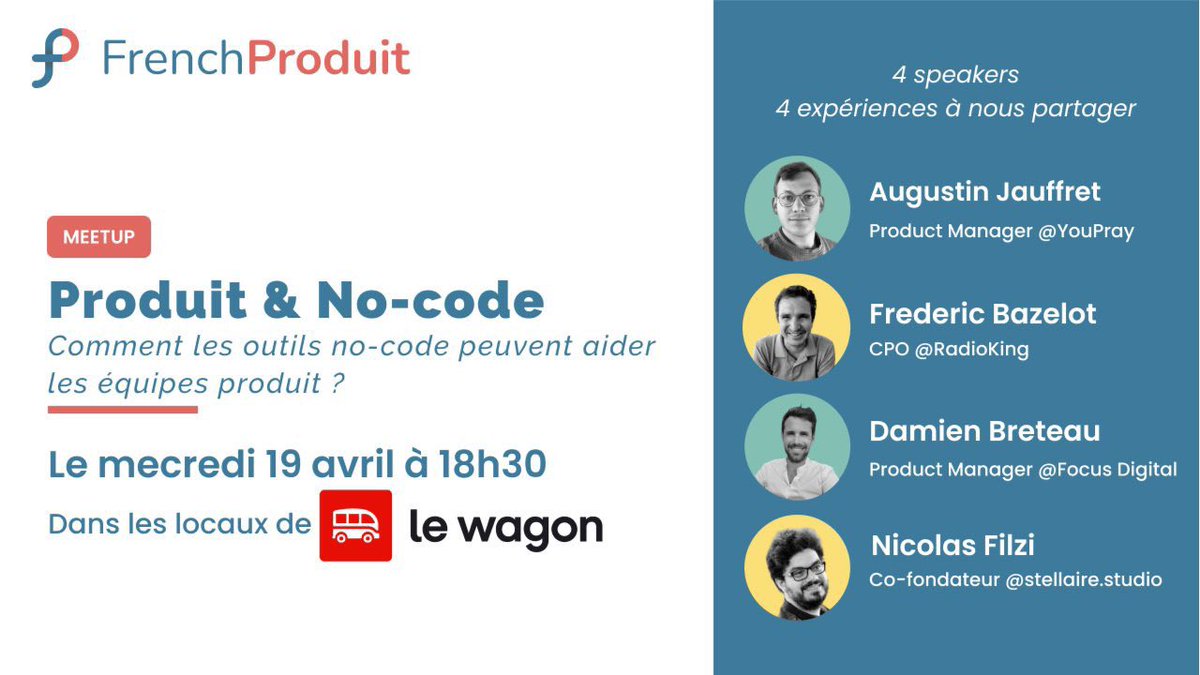 👋🏻Hello la communauté produit nantaise, notre prochain meetup produit et no code est le mercredi 19 avril à 18h30 chez <a href="/LeWagonNantes/">Le Wagon Nantes et Rennes</a>. Pour vous inscrire c’est ici : meetup.com/frenchproduit-…