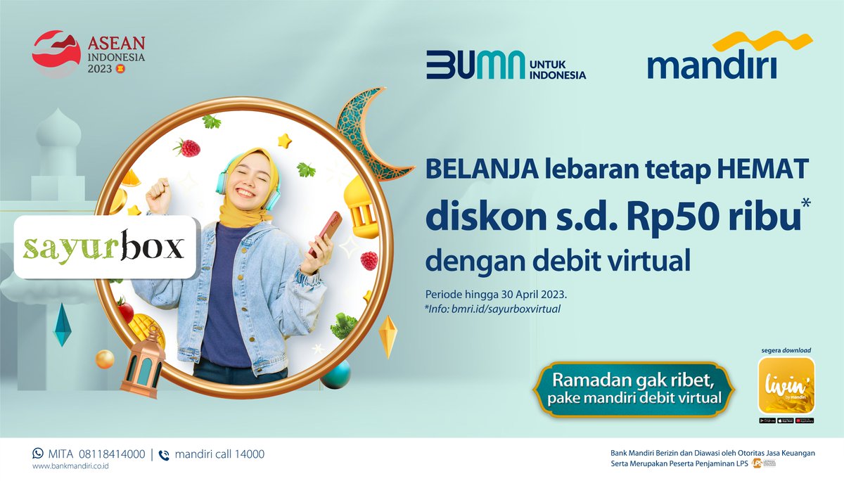 bankmandiri's tweet photo. BELANJA kebutuhan ramadan dan lebaran di Sayurbox lebih HEMAT dan sat set pake debit virtual!

Promo berlaku untuk transaksi di Sayurbox via Shopee hingga 30 April 2023. Info selengkapnya, kunjungi https://t.co/FcsqNNT4Q9

#MandiriPromo #MandiriDebitVirtual https://t.co/orlA7pB4WQ