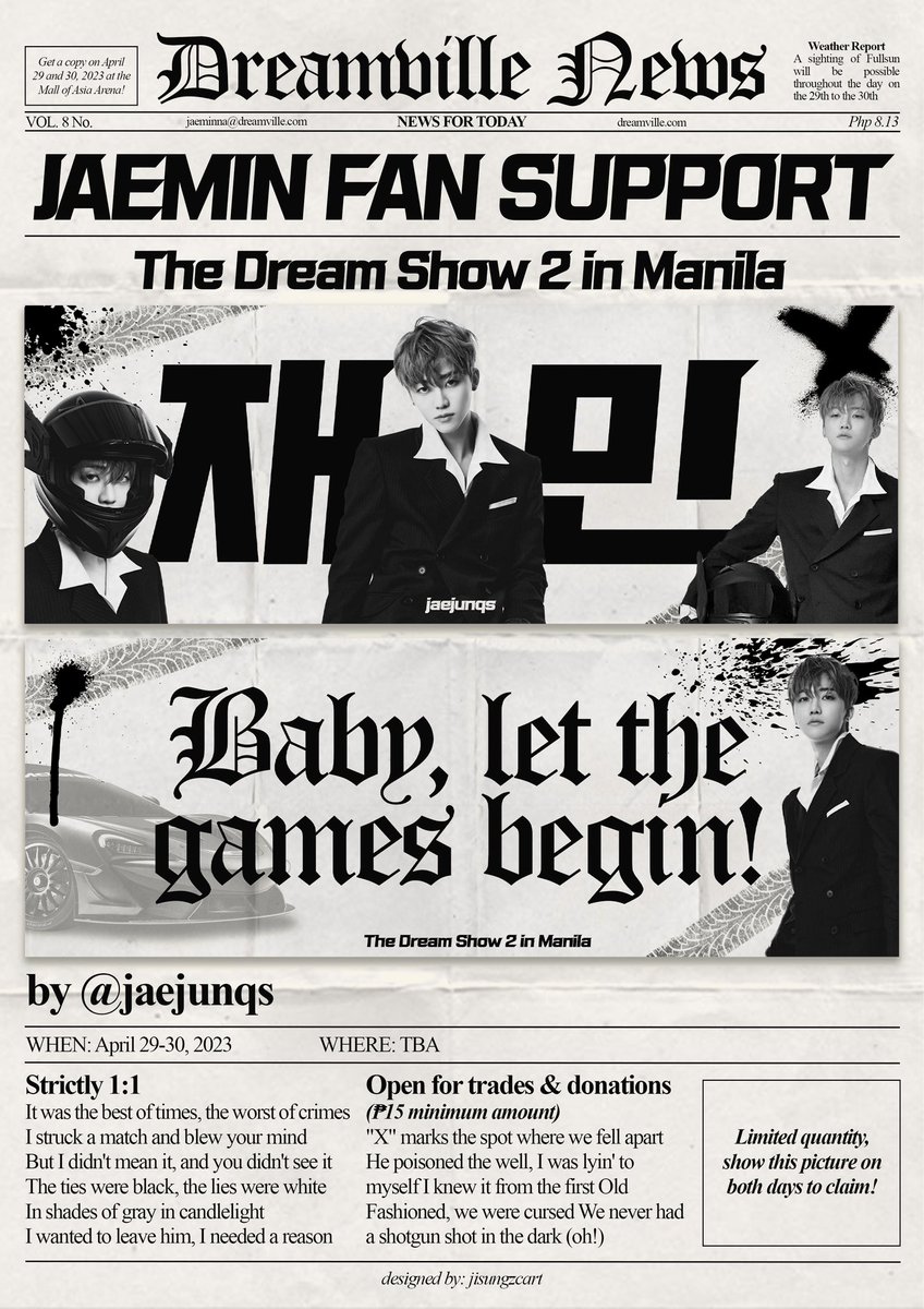 jaejunqs's tweet photo. 🌀 #THEDREAMSHOW2_in_MANILA 🌀

we are riding a getaway car with na jaemin this upcoming april 29-30!

— like &amp; rt this tweet
— open for trades and donations, just dm me!
— show this tweet/pic on both days to claim ◡̈ https://t.co/ogjUt4ImpC