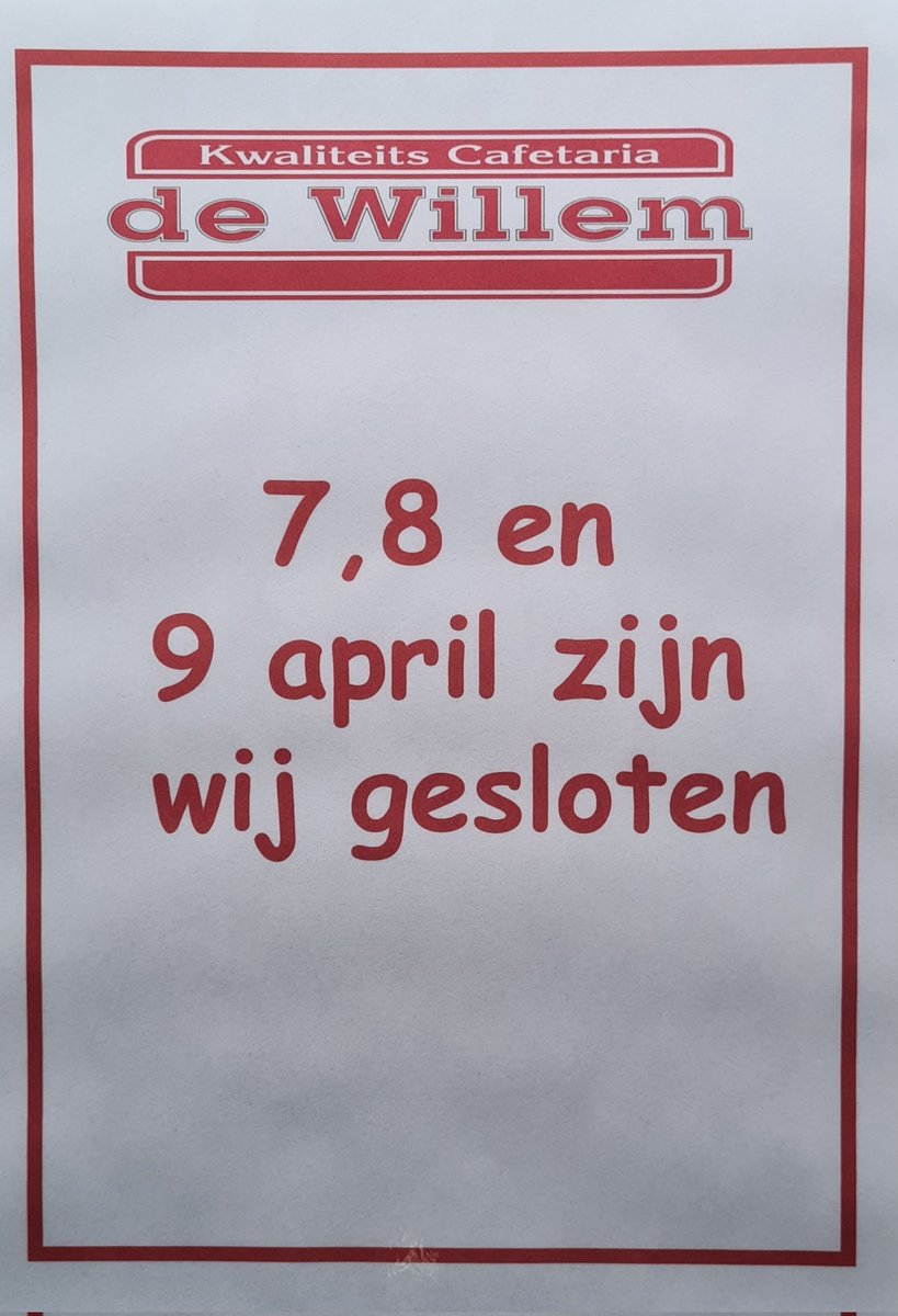 7,8 en 9 april 2023 zijn wij gesloten . Fijne paasdagen .