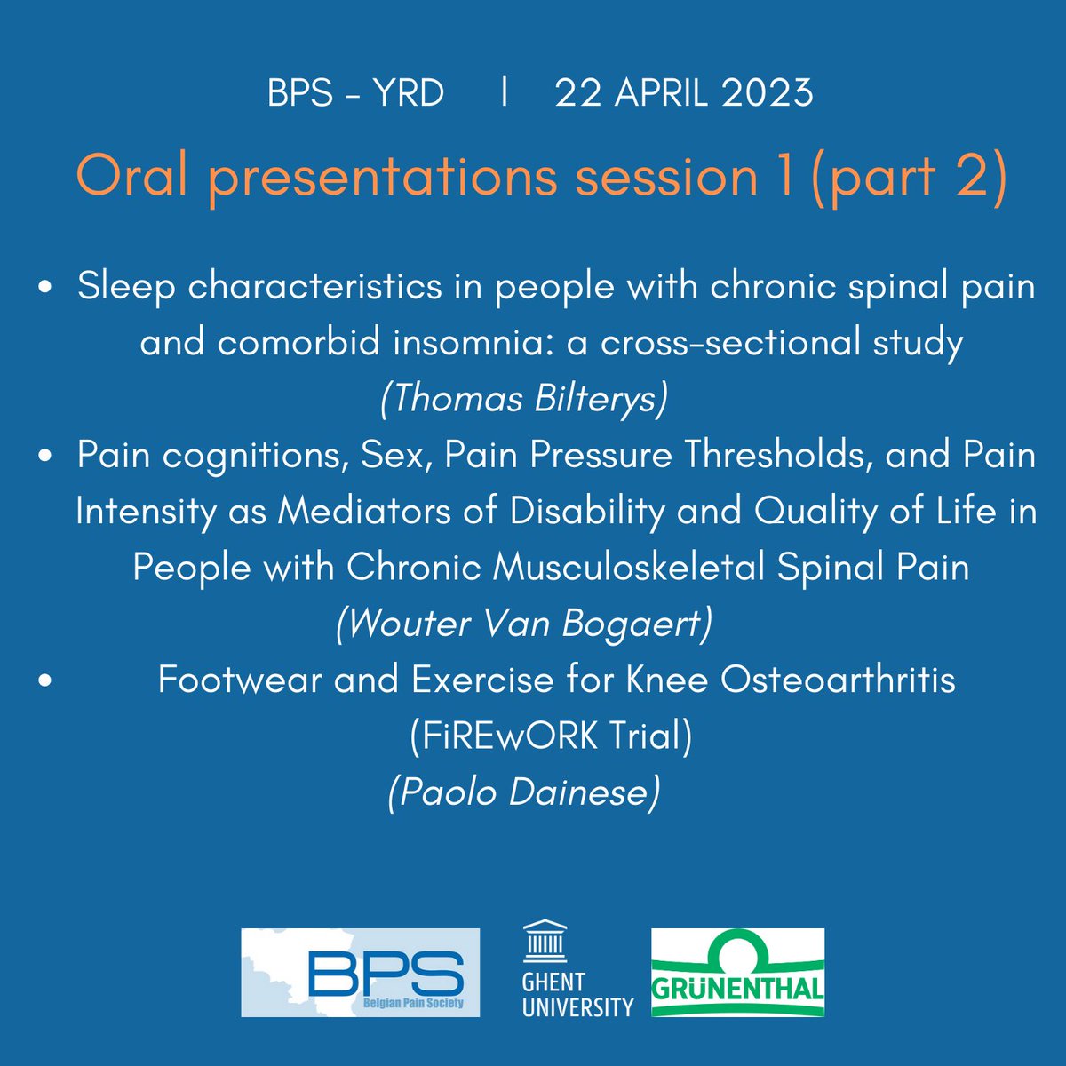 We proudly present you the speakers of our first round of oral presentations. Don't miss out and connect with fellow pain experts at <a href="/bps_yrd/">Belgian Pain Society Young Researchers Day BPS-YRD</a> on April 22 at Ghent University! 
Register here 👉 belgianpainsociety.org/bps-yrd