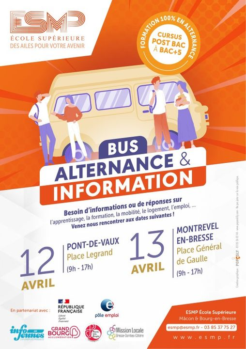 [#TousMobilisés] pour l'accès à l'#alternance 

Le bus de l'alternance et de l'information <a href="/ESMP_Ecole/">ESMP Ecole supérieure</a>  fait étape à #PontDeVaux et #MontrevelEnBresse la semaine prochaine
Une belle opportunité pour se renseigner !

#formation #mobilité #logement #emploi
#OnEstLàPourVous