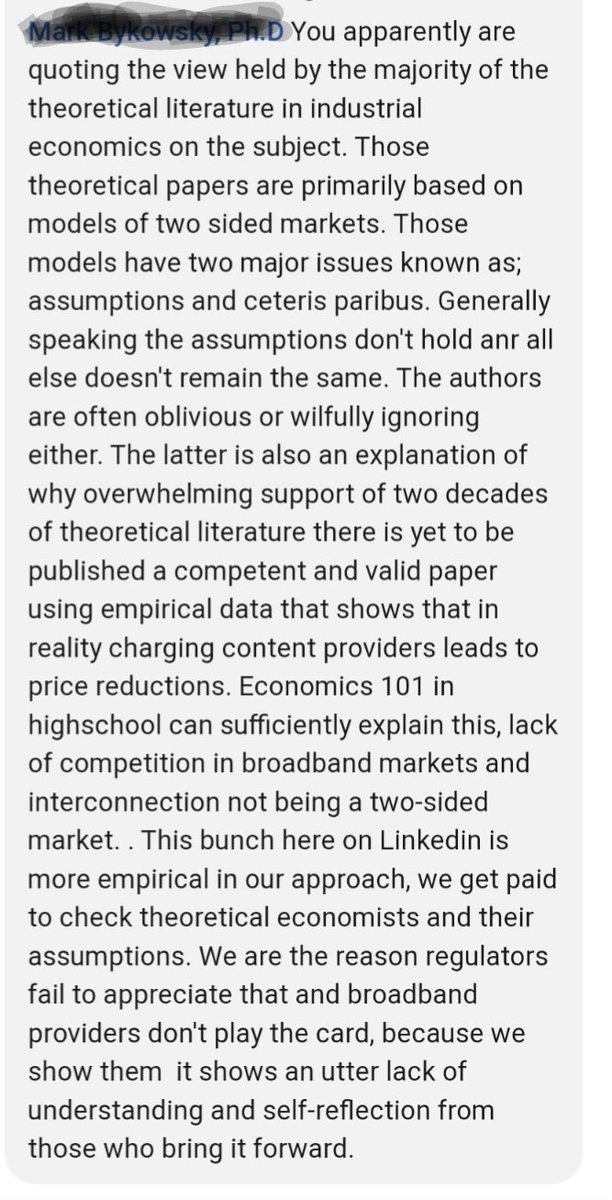 Theoretical  economists sometimes need reminding that 'theoretical' means their work has no validity to public policy, unless empirical study shows their assumptions hold and all else does remain equal. 😋 In this case #fairshare #netneutrality #networkfees  #EconTwitter