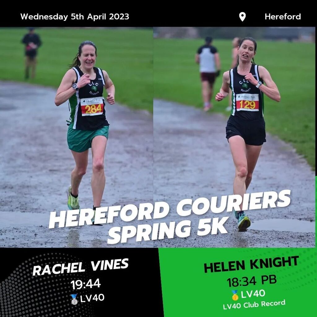 An excellent evening's work from a pair of die-hard Striders at the first race in the Hereford Couriers Spring 5k Series 

Despite the soggy conditions, Helen Knight and Rachel Vines turned out and were rewarded with some fantastic times for their effort… instagr.am/p/Cqr6g74NMGt/