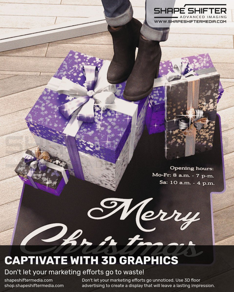 shapeshiftergfx's tweet image. ssm.li Don't let your marketing efforts go unnoticed. Use 3D floor advertising to create a display that will leave a lasting impression. #customfloorgraphics #floordecor #promotionalcampaign #retailmarketing #salesmeeting #customerengagement #floorart #discounts