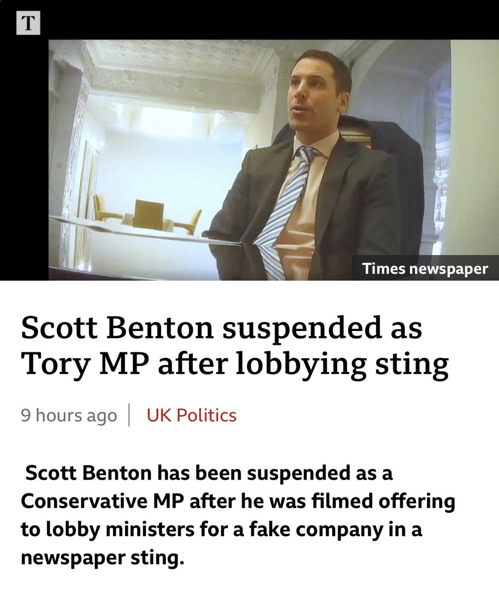 Couldn’t have happened to a nicer guy! 
🤣🤣🤣🤣🤣🤣🤣🤣🤣🤣

I mean FFS - given the spotlight on lobbying etc, aren’t they bright enough to not get “stung”?! 

#ToryCorruption 
#TorySleaze 
#ToriesOnTheTake